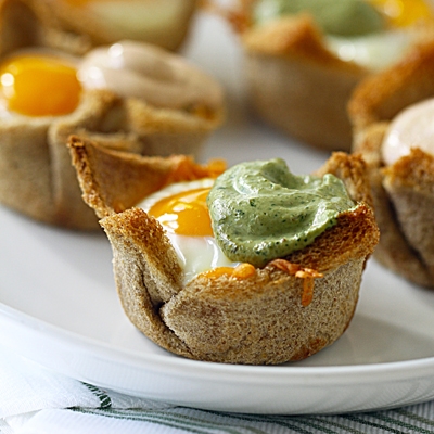Egg Brunch Nests with Cilantro-Avocado Crema or Chipotle Crema